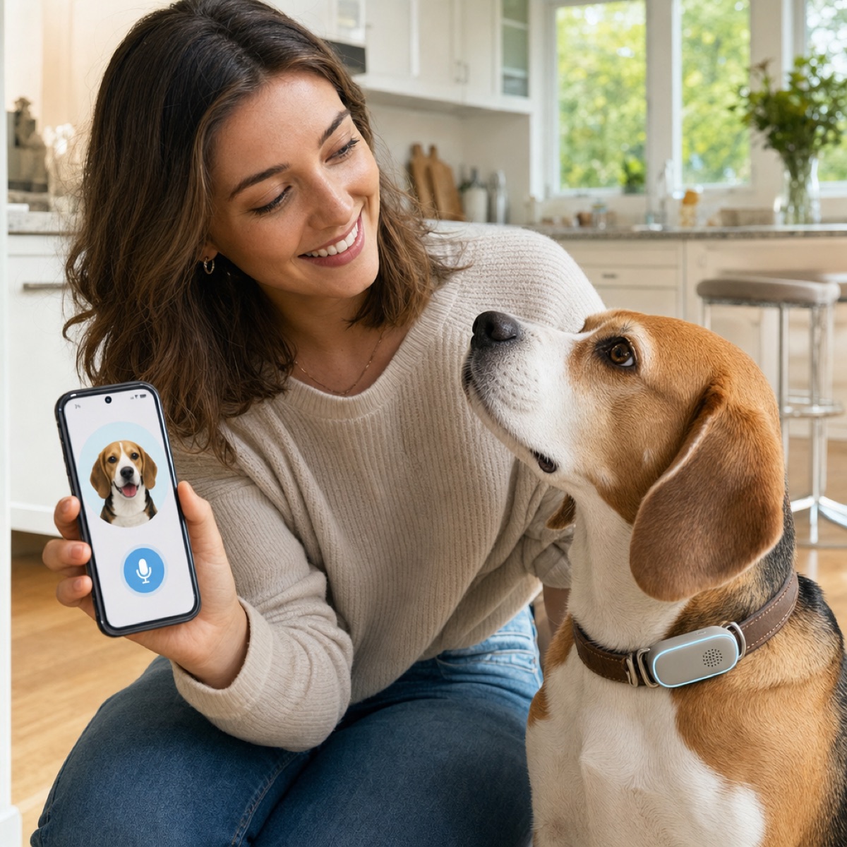 A woman using the PawLink app while her beagle looks up at her