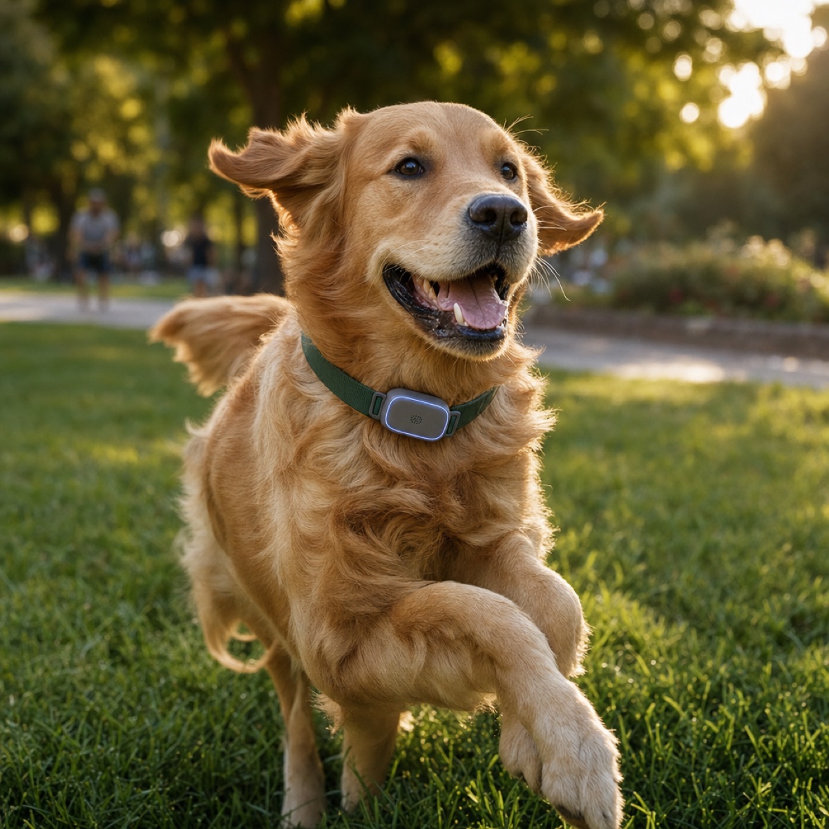 Golden retriever running in a park wearing PawLink